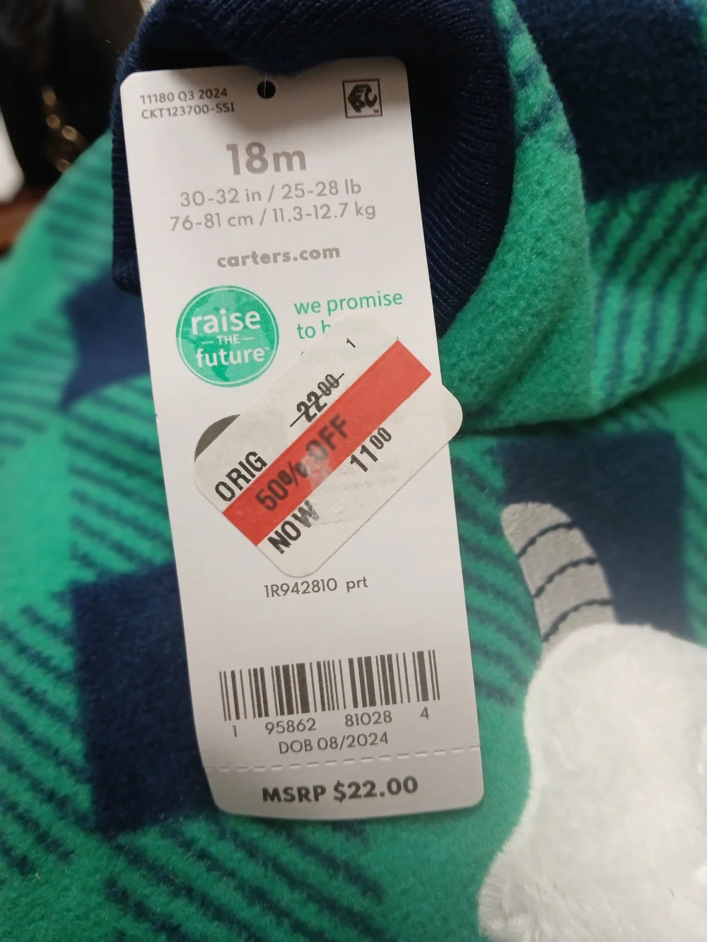 Carter's Green and Navy Buffalo Plaid Fleece Footed One-Piece